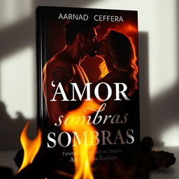 a book cover titled 'Amor nas Sombras', featuring intense flames in the foreground casting dramatic shadows