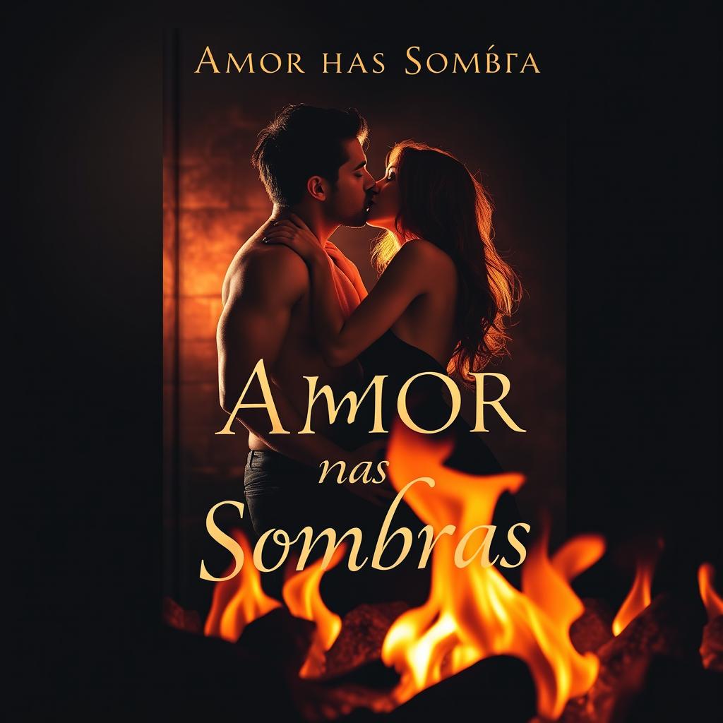 a book cover titled 'Amor nas Sombras', featuring intense flames in the foreground casting dramatic shadows