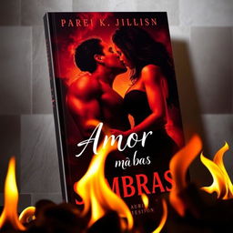 a book cover titled 'Amor nas Sombras', featuring intense flames in the foreground casting dramatic shadows