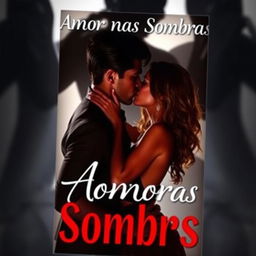 a book cover titled 'Amor nas Sombras', featuring mysterious shadows in the background