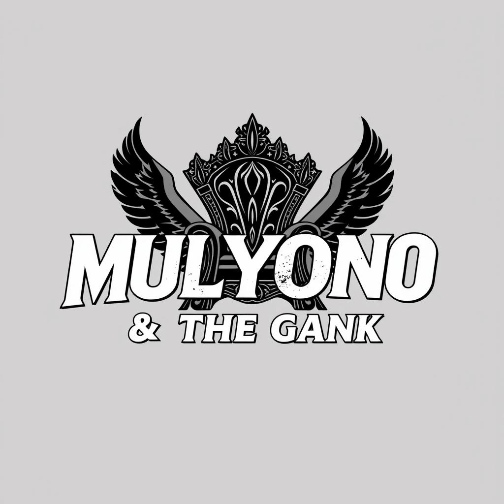 A distinctive t-shirt design showcasing the merged text 'Mulyono & The Gank' with a throne motif