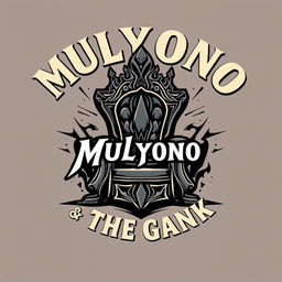 A distinctive t-shirt design showcasing the merged text 'Mulyono & The Gank' with a throne motif