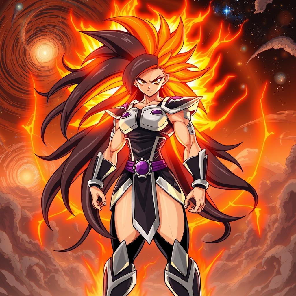 Echalott in the Dragon Ball Z art style during her 'Celestial Fury' transformation, inspired by the Super Saiyan God form