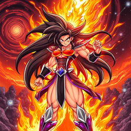 Echalott in the Dragon Ball Z art style during her 'Celestial Fury' transformation, inspired by the Super Saiyan God form