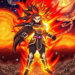 Echalott in the Dragon Ball Z art style during her 'Celestial Fury' transformation, inspired by the Super Saiyan God form