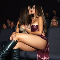 In a dimly lit movie theater, two glamorous and sexy, busty, tanned young Australian women are intimately engaged