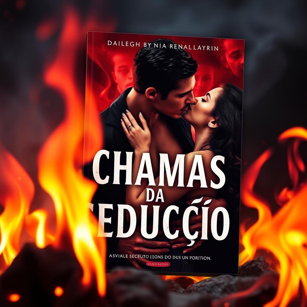 a book cover titled 'Chamas da Sedução', featuring intense flames in the foreground adding a sense of forbidden passion