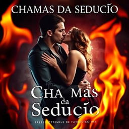 a book cover titled 'Chamas da Sedução', featuring intense flames in the foreground adding a sense of forbidden passion