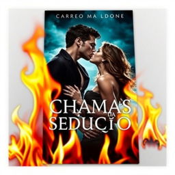 a book cover titled 'Chamas da Sedução', featuring intense flames in the foreground adding a sense of forbidden passion