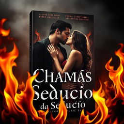 a book cover titled 'Chamas da Sedução', featuring intense flames in the foreground adding a sense of forbidden passion