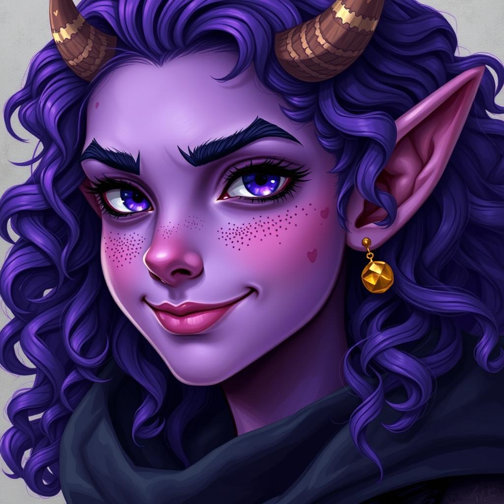 A detailed fantasy face portrait of a teenage female tiefling featuring vibrant violet skin and cascading curly long hair