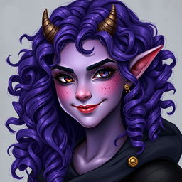 A detailed fantasy face portrait of a teenage female tiefling featuring vibrant violet skin and cascading curly long hair