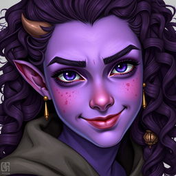 A detailed fantasy face portrait of a teenage female tiefling featuring vibrant violet skin and cascading curly long hair