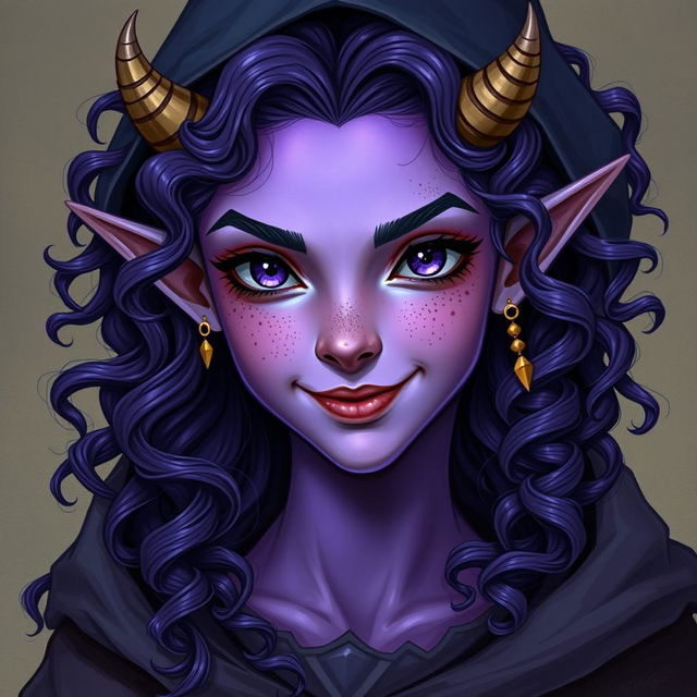 A detailed fantasy face portrait of a teenage female tiefling featuring vibrant violet skin and cascading curly long hair