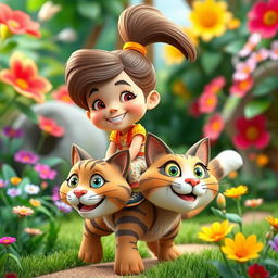 A playful 3D caricature featuring a youthful girl with a high ponytail, riding atop a cute, oversized cat