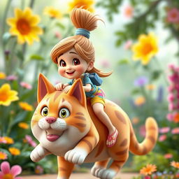 A playful 3D caricature featuring a youthful girl with a high ponytail, riding atop a cute, oversized cat