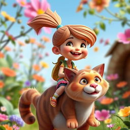 A playful 3D caricature featuring a youthful girl with a high ponytail, riding atop a cute, oversized cat