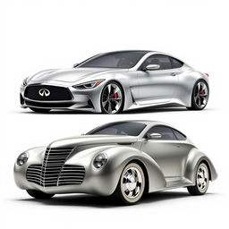 A concept car design that combines the sleek and modern aesthetics of a 2012 Infiniti G47 with the classic, vintage appeal of a 1939 Chevrolet Coupe