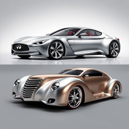 A concept car design that combines the sleek and modern aesthetics of a 2012 Infiniti G47 with the classic, vintage appeal of a 1939 Chevrolet Coupe