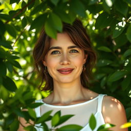 A natural-looking woman in her 30s with a serene expression, surrounded by lush greenery