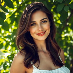 A natural-looking woman in her 30s with a serene expression, surrounded by lush greenery