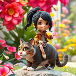 A realistic 3D caricature featuring a youthful girl with a high ponytail and black hair, riding atop a comically large cat