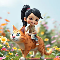 A realistic 3D caricature featuring a youthful girl with a high ponytail and black hair, riding atop a comically large cat