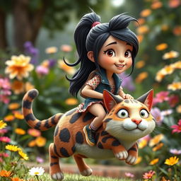 A realistic 3D caricature featuring a youthful girl with a high ponytail and black hair, riding atop a comically large cat