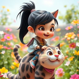 A realistic 3D caricature featuring a youthful girl with a high ponytail and black hair, riding atop a comically large cat