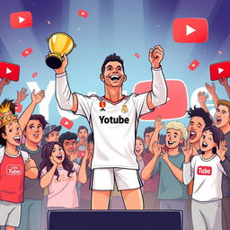 A digital illustration depicting Cristiano Ronaldo celebrating his YouTube success with a trophy in his hand, standing on a podium, with YouTube stars cheering around him, including a friendly caricature of Luisito Comunica in the background congratulating him