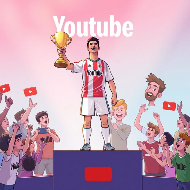 A digital illustration depicting Cristiano Ronaldo celebrating his YouTube success with a trophy in his hand, standing on a podium, with YouTube stars cheering around him, including a friendly caricature of Luisito Comunica in the background congratulating him