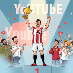 A digital illustration depicting Cristiano Ronaldo celebrating his YouTube success with a trophy in his hand, standing on a podium, with YouTube stars cheering around him, including a friendly caricature of Luisito Comunica in the background congratulating him