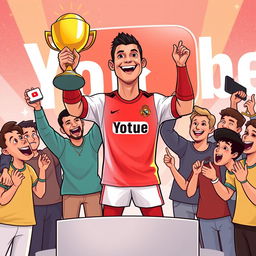 A digital illustration depicting Cristiano Ronaldo celebrating his YouTube success with a trophy in his hand, standing on a podium, with YouTube stars cheering around him, including a friendly caricature of Luisito Comunica in the background congratulating him