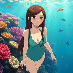 Studio Ghibli inspired character, an adult female, with long brown hair parted to the side and brown eyes, wearing a simple cyan Victorian era swim suit