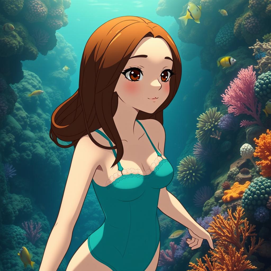 Studio Ghibli inspired character, an adult female, with long brown hair parted to the side and brown eyes, wearing a simple cyan Victorian era swim suit