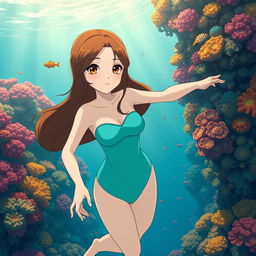 Studio Ghibli inspired character, an adult female, with long brown hair parted to the side and brown eyes, wearing a simple cyan Victorian era swim suit