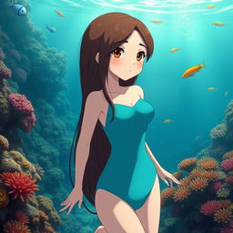 Studio Ghibli inspired character, an adult female, with long brown hair parted to the side and brown eyes, wearing a simple cyan Victorian era swim suit