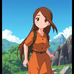 Studio Ghibli character with long brown hair parted to the side, brown eyes, and pale complexion, wearing a simple amber Victorian-era dress, hiking up a mountain