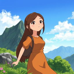 Studio Ghibli character with long brown hair parted to the side, brown eyes, and pale complexion, wearing a simple amber Victorian-era dress, hiking up a mountain