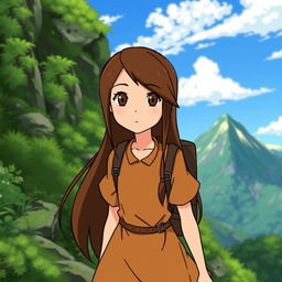 Studio Ghibli character with long brown hair parted to the side, brown eyes, and pale complexion, wearing a simple amber Victorian-era dress, hiking up a mountain