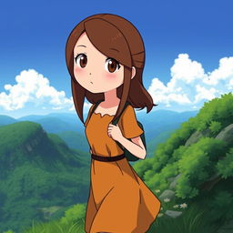 Studio Ghibli character with long brown hair parted to the side, brown eyes, and pale complexion, wearing a simple amber Victorian-era dress, hiking up a mountain