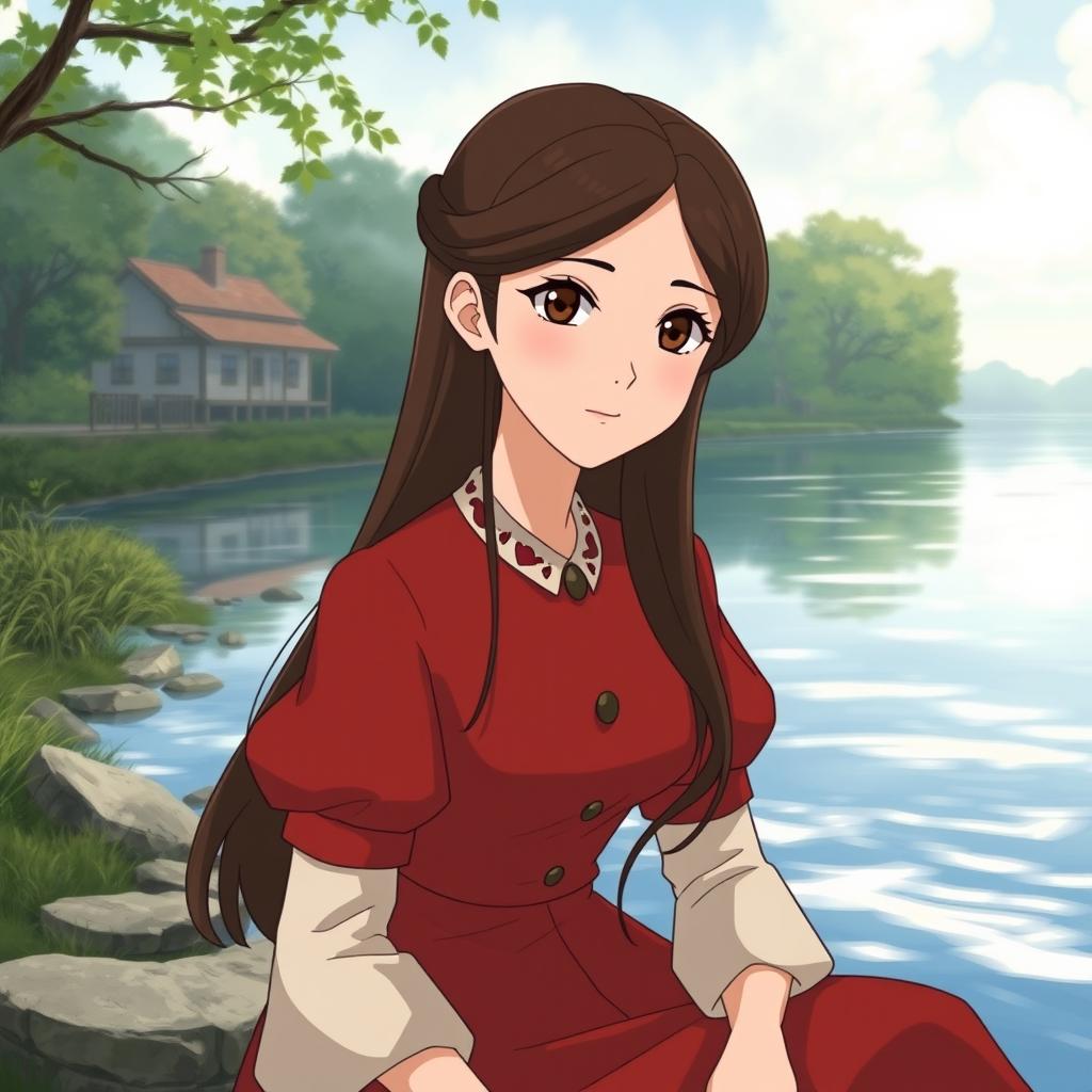 Studio Ghibli-inspired female character, adult with long brown hair parted to the side, and brown eyes