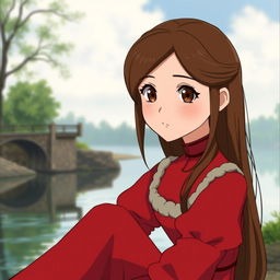 Studio Ghibli-inspired female character, adult with long brown hair parted to the side, and brown eyes