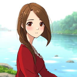 Studio Ghibli-inspired female character, adult with long brown hair parted to the side, and brown eyes