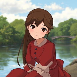 Studio Ghibli-inspired female character, adult with long brown hair parted to the side, and brown eyes