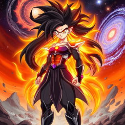 Echalott in the Dragon Ball Z art style during her 'Celestial Fury' transformation, inspired by the Super Saiyan God form