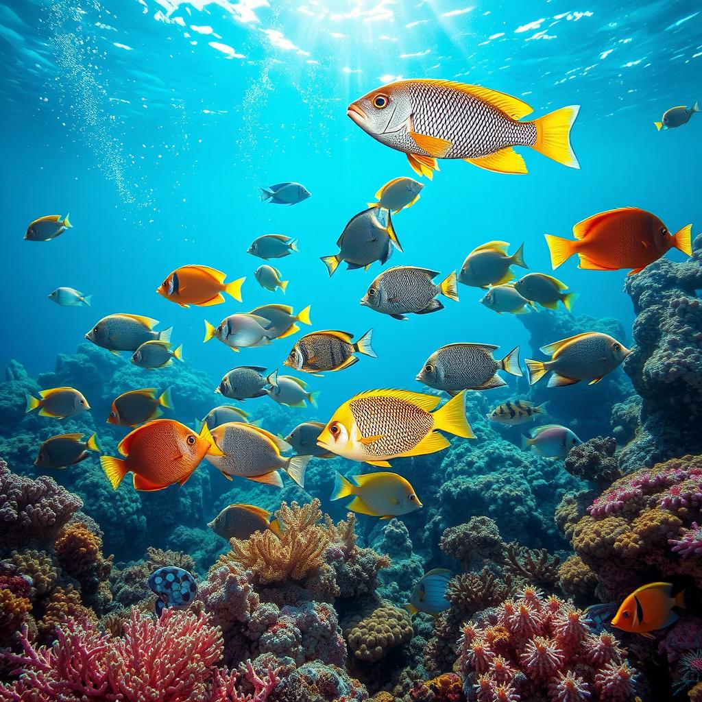 A vibrant and detailed underwater scene featuring a colorful variety of fish swimming gracefully among coral reefs