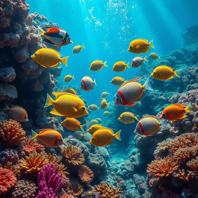 A vibrant and detailed underwater scene featuring a colorful variety of fish swimming gracefully among coral reefs