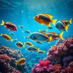 A vibrant and detailed underwater scene featuring a colorful variety of fish swimming gracefully among coral reefs