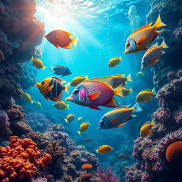 A vibrant and detailed underwater scene featuring a colorful variety of fish swimming gracefully among coral reefs